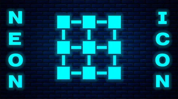 Lumineux Néon Icône Technologie Blockchain Isolé Sur Fond Mur Briques — Image vectorielle