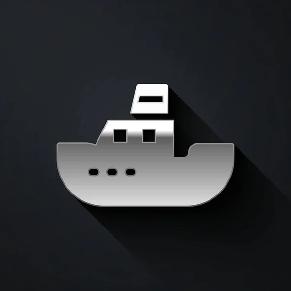 Silber Toy Boat Icon Isoliert Auf Schwarzem Hintergrund Langer Schatten — Stockvektor