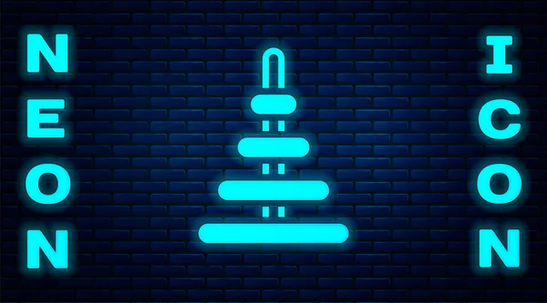 Glowing Neon Pyramid Toy Icon Isolated Brick Wall Background Vector — Stock Vector