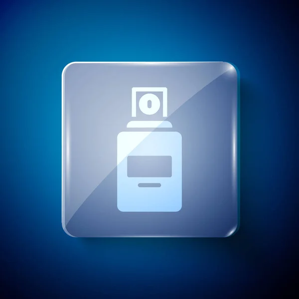 白色香水图标隔离在蓝色背景 方块玻璃面板 — 图库矢量图片