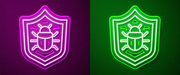 Gloeiende Neon Lijn System Bug Concept Icoon Geïsoleerd Paarse Groene — Stockvector