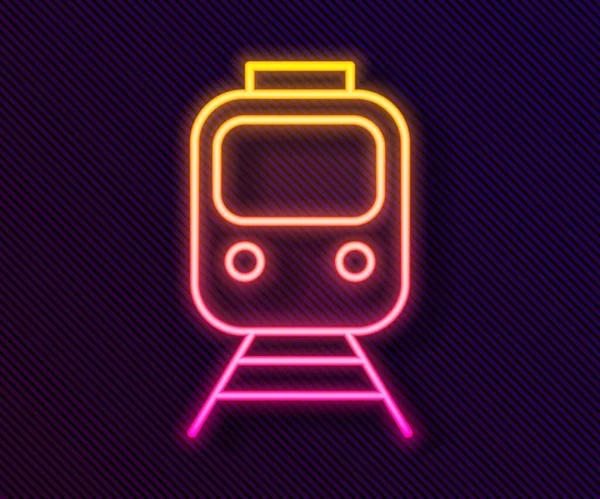 Gloeiende Neon Lijn Trein Spoorwegpictogram Geïsoleerd Zwarte Achtergrond Openbaar Vervoer — Stockvector