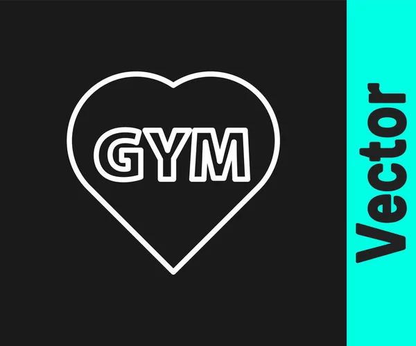 Weiße Linie Fitness Studio Herz Symbol Isoliert Auf Schwarzem Hintergrund — Stockvektor