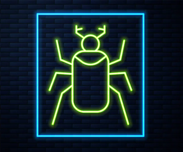 Gloeiende Neon Lijn Kever Bug Pictogram Geïsoleerd Baksteen Muur Achtergrond — Stockvector
