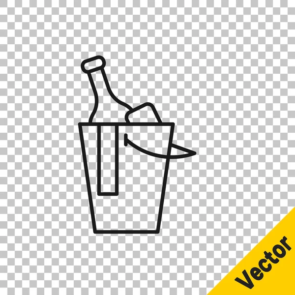 Black Line Bottle Wine Ice Bucket Icon Isolated Transparent Background — Stock Vector