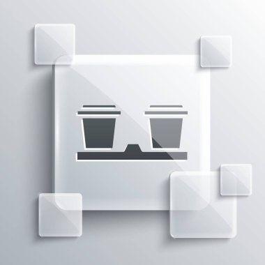 Gri kahve fincanı, gri arka planda izole edilmiş bir ikon haline gelecek. Kare cam paneller. Vektör İllüstrasyonu.