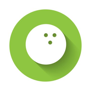 Beyaz bovling topu ikonu uzun gölgeli izole edilmiş. Spor malzemeleri. Yeşil daire düğmesi. Vektör İllüstrasyonu.