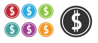 Beyaz zemin üzerinde dolar sembolü olan siyah madeni para. Bankacılık işareti. Para sembolü. Simgeleri renklendirin. Vektör İllüstrasyonu.