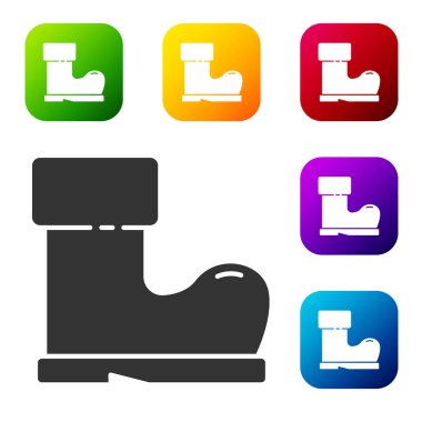 Siyah su geçirmez lastik bot simgesi beyaz arkaplanda izole edilmiş. Yağmurlu hava, balıkçılık, bahçe işleri için çizme. Renkli kare düğmelerle simgeleri ayarla. Vektör İllüstrasyonu.