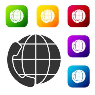 Siyah Telefon, beyaz arkaplanda 24 saat boyunca izole edilmiş destek ikonu. Tüm gün müşteri destek merkezi. Tam zamanlı çağrı servisi. Renkli kare düğmelerle simgeleri ayarla. Vektör İllüstrasyonu.