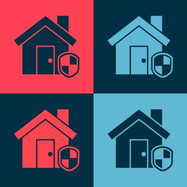 Pop Sanat Evi koruma ikonu altında. Renkli arka planda izole edilmiş. Ev ve kalkan. Koruma, güvenlik, güvenlik, koruma, savunma konsepti. Vektör İllüstrasyonu.