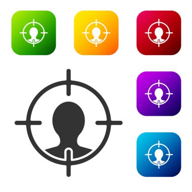 Siyah başlı avlanma konsepti beyaz arka planda izole edilmiş. İş hedefi ya da İstihdam tabelası. İnsan kaynakları ve adam toplama. Renkli kare düğmelerle simgeleri ayarla. Vektör İllüstrasyonu.