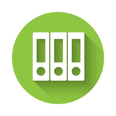 Beyaz Saray dosyaları ve belgeler uzun gölgeli izole edilmiş. Ofis dosyaları. Dosya arşivleme işareti. Yeşil daire düğmesi. Vektör İllüstrasyonu.