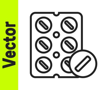 Siyah çizgili haplar beyaz arka planda izole edilmiş. İlaç paketi. Tablet, vitamin, antibiyotik, aspirin. Vektör İllüstrasyonu.