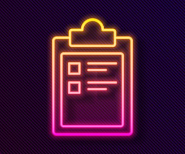 Parlayan neon hattı spor eğitim programı veya fitness planı simgesi siyah arkaplanda izole edildi. Vektör İllüstrasyonu.