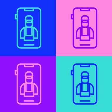 Pop Art Line Online araba servisi simgesi renk arkaplanında izole edildi. Araba servisi ve tamir parçaları. Vektör İllüstrasyonu.