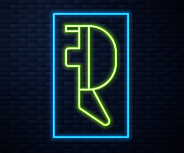 Parlak neon çizgisi eskrim başlığı maskesi simgesi, tuğla duvar arka planında izole edilmiş. Geleneksel spor savunması. Vektör İllüstrasyonu.