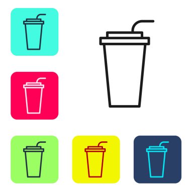 Siyah çizgi kağıt bardak, beyaz arka planda izole edilmiş saman ve su ikonu içeriyor. Soda bardağı. Taze soğuk içecek sembolü. Renkli kare düğmelerle simgeleri ayarla. Vektör İllüstrasyonu.