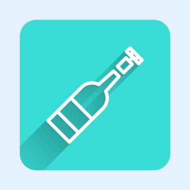 Beyaz çizgi, uzun gölgeli izole şarap ikonu şişesini açtı. Yeşil kare düğmesi. Vektör İllüstrasyonu.