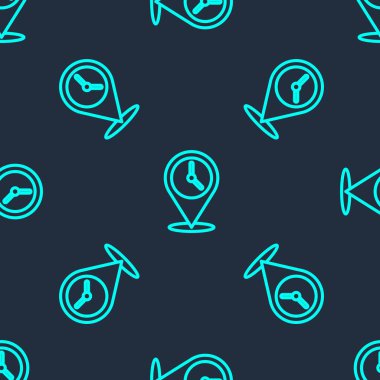 Saat simgesine sahip yeşil çizgi konumu mavi arka planda izole edilmiş pürüzsüz desen. Vektör İllüstrasyonu.