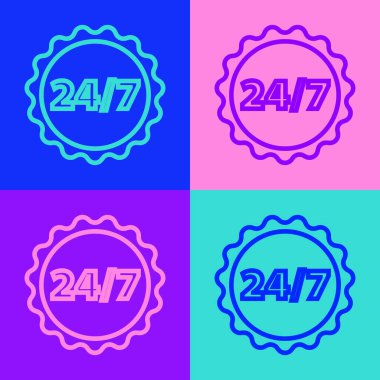 Pop Art Line Clock 24 saat simgesi renk arkaplanında izole edildi. Tüm gün döngü simgesi. 24 saat hizmet sembolü. Vektör İllüstrasyonu.