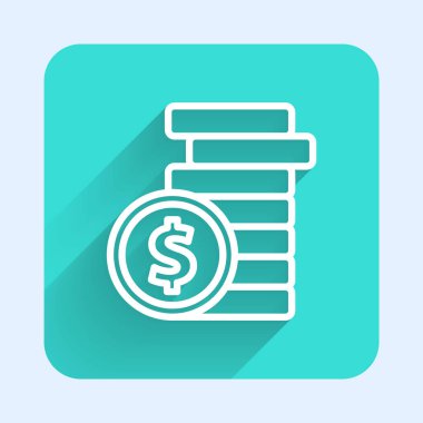 Dolar sembollü beyaz çizgi parası uzun gölgeli izole edilmiş. Bankacılık işareti. Para sembolü. Yeşil kare düğmesi. Vektör İllüstrasyonu.
