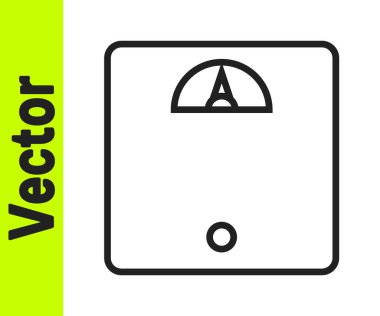 Siyah çizgi banyo ölçekli simge beyaz arka planda izole edildi. Ağırlık ölçme ekipmanı. Ağırlık ölçeği spor konsepti. Vektör İllüstrasyonu.