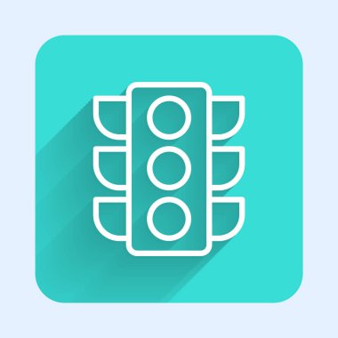 Beyaz çizgi trafik ışığı ikonu uzun gölgeli izole edildi. Yeşil kare düğmesi. Vektör İllüstrasyonu.