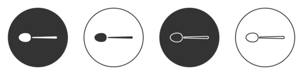 白い背景に黒いスプーンのアイコンが隔離されています 調理器具 かわいいサインだ 丸ボタン ベクターイラスト — ストックベクタ