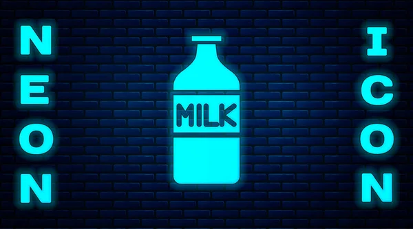 Светящийся Неоновый Закрытая Стеклянная Бутылка Иконкой Молока Изолированы Фоне Кирпичной — стоковый вектор