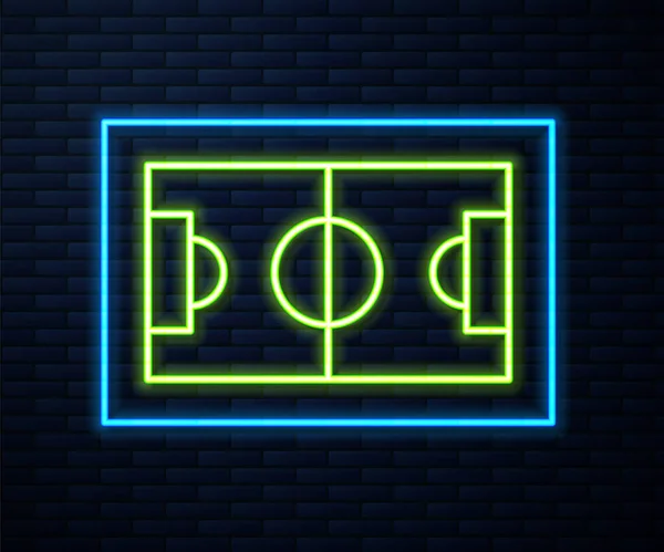 Glowing Neon Line Football Soccer Field Icon Isolated Brick Wall — Stock Vector