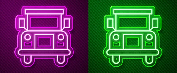 Светящийся Неоновой Линии Школьный Автобус Значок Изолирован Фиолетовом Зеленом Фоне — стоковый вектор