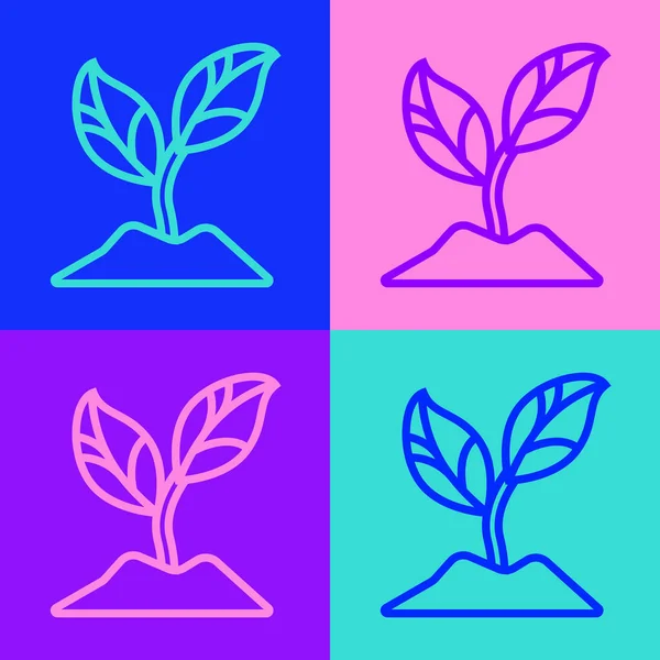 ポップアートラインカラー背景に隔離された植物アイコン 種と苗 サインを残す 葉の性質 ベクターイラスト — ストックベクタ