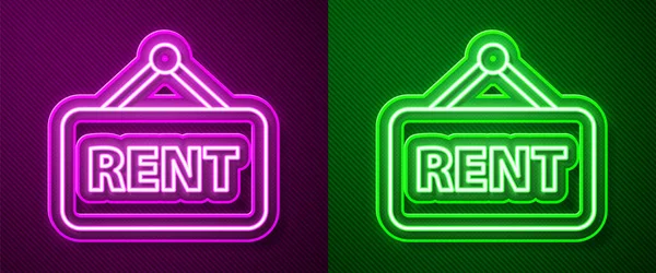 明亮的霓虹灯线悬挂符号 文字租金图标与紫色和绿色背景隔离 标牌上有租金的文字 病媒图解 — 图库矢量图片