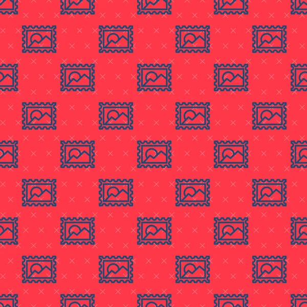 Синя Лінія Піктограма Поштової Марки Ізольовано Безшовний Візерунок Червоному Тлі — стоковий вектор