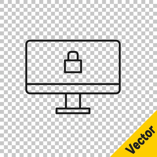 Черная Линия Блокировки Экране Монитора Компьютера Значок Изолирован Прозрачном Фоне — стоковый вектор