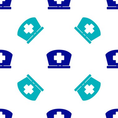 Çapraz ikonlu mavi hemşire şapkası beyaz arka planda izole edilmiş kusursuz desen. Tıp hemşiresi şapkası işareti. Vektör İllüstrasyonu.