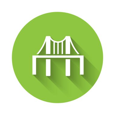 Beyaz Altın Kapı Köprüsü ikonu uzun gölgeli izole edilmiş. San Francisco California Amerika Birleşik Devletleri. Yeşil daire düğmesi. Vektör İllüstrasyonu.