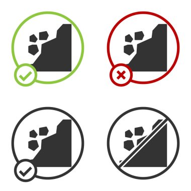 Siyah heyelan simgesi beyaz arkaplanda izole edildi. Taşlar kayadan düşer. Kayalar tepeden aşağı yuvarlanıyor. Kaya gibi. Çember düğmesi. Vektör İllüstrasyonu.