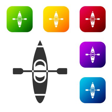 Siyah kano ve kürek simgesi beyaz arkaplanda izole edildi. Balıkçılık ve turizm için kano. Açık hava aktiviteleri. Renkli kare düğmelerle simgeleri ayarla. Vektör İllüstrasyonu.