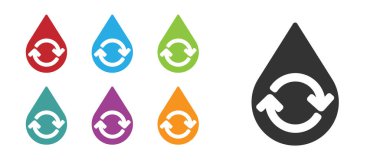 Siyah Geri Dönüşüm Temiz Su simgesi beyaz arka planda izole. İşaret geri dönüşümlü bir damla su. Simgeleri renklendirin. Vektör İllüstrasyonu.