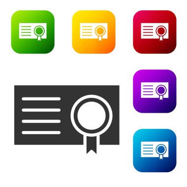 Beyaz arkaplanda siyah sertifika şablon simgesi izole edildi. Başarı, ödül, diploma, burs, diploma kavramları. Renkli kare düğmelerle simgeleri ayarla. Vektör İllüstrasyonu.