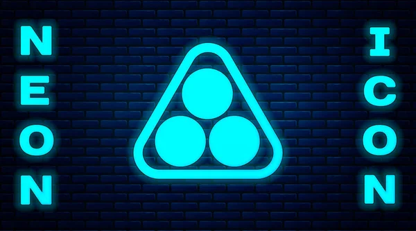 Glowing Neon Billiard Balls Rack Triangle Icon Isolated Brick Wall — Stock Vector