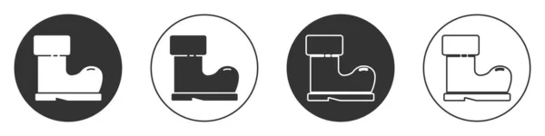 ブラックホワイトの背景に隔離防水ゴムブーツアイコン 雨の天気 園芸用のガムブーツ 丸ボタン ベクターイラスト — ストックベクタ