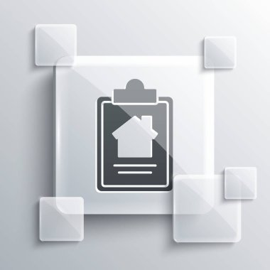 Gri Ev 'in sözleşme ikonu gri arka planda izole edilmiş. Sözleşme oluşturma hizmeti, belge oluşumu, başvuru formu bileşimi. Kare cam paneller. Vektör İllüstrasyonu.