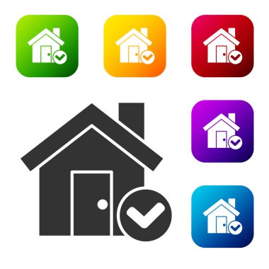 Beyaz arka planda işaretleme simgesine sahip Kara Ev. Emlakçı ya da köy elit sınıfı. Renkli kare düğmelerle simgeleri ayarla. Vektör İllüstrasyonu.