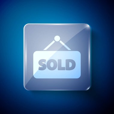 Mavi arka planda izole edilmiş metin simgesi satılan beyaz asma işareti. Çıkartma satıldı. Tabela satıldı. Kare cam paneller. Vektör İllüstrasyonu.