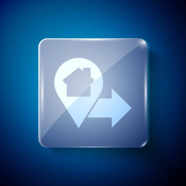 Mavi arkaplanda ev simgesi olan beyaz harita işaretçisi. Ev konumu belirleyici sembol. Kare cam paneller. Vektör İllüstrasyonu.