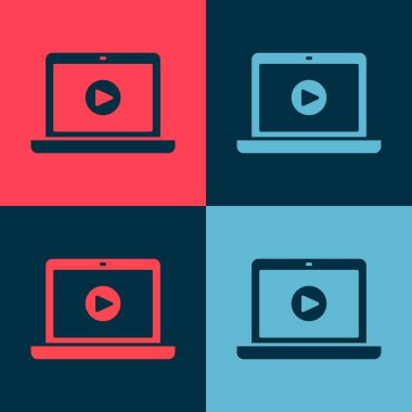 Pop art Online video oynatma simgesi renk arkaplanında izole edildi. Dizüstü bilgisayar ve oyun işaretli film şeridi. Vektör İllüstrasyonu.