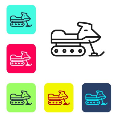 Beyaz arkaplanda siyah çizgi kar aracı simgesi izole edildi. Kar arabası işareti. Olağanüstü bir spor. Renkli kare düğmelerle simgeleri ayarla. Vektör İllüstrasyonu.